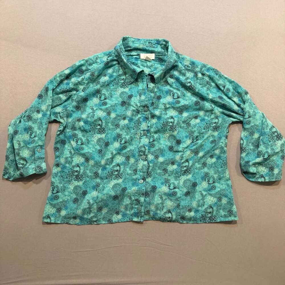 Christopher & Banks Teal Blue Paisley 3/4 Sleeve Button-Down Shirt Size XL
